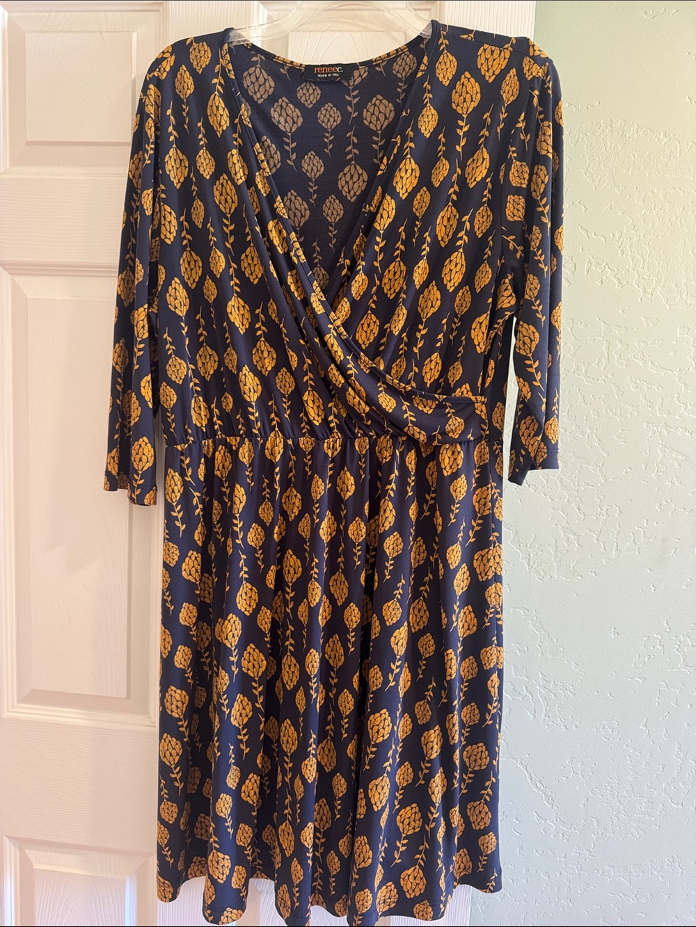 Renee C. Navy Dress with Mustard Floral Print, Long Sleeve